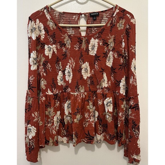 Torrid Red Terracotta Floral Crinkled Gauze Babydoll Top Size 1 1x 14 16 #44156 - Picture 1 of 6